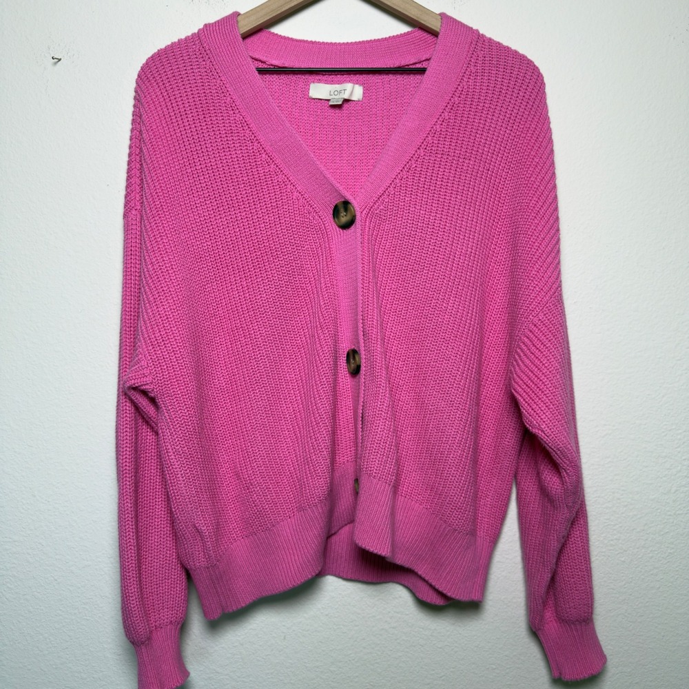 LOFT Women 100% Cotton Cardigan Sweater XL‎ Pink  Front Balloon Sleeve Chunky